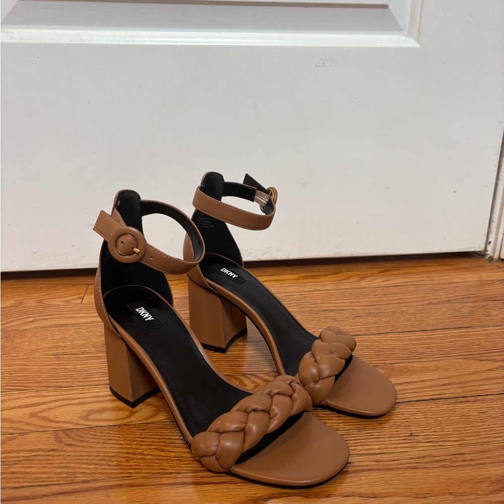 DKNY Tan Braided Strap Block Heel Sandals